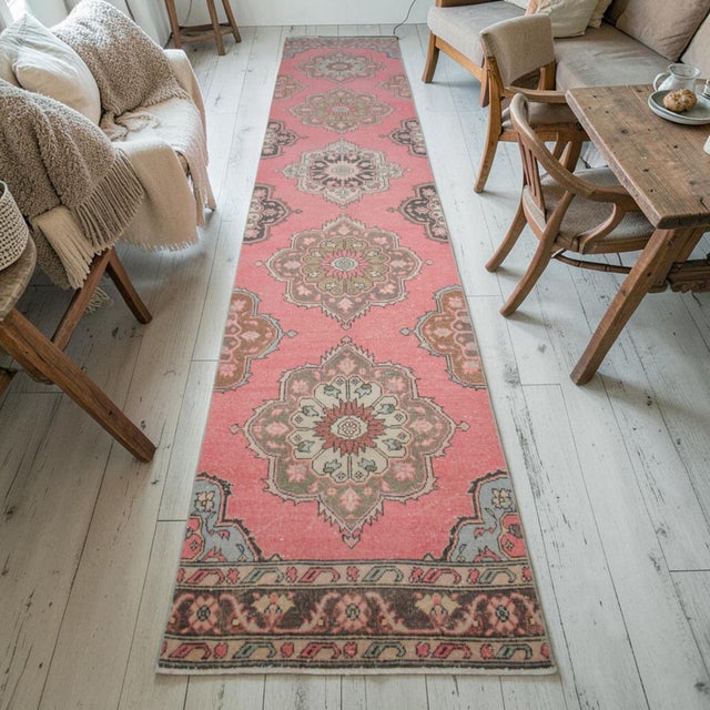 1970s Distressed Oushak Runner Rug Low Pile Faded Colors Pink Hallway Decor - 2'8″ X 12'7″ For Sale - Image 4 of 13