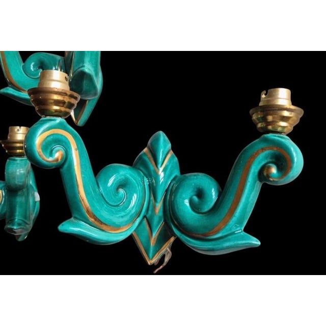 Art Deco French Ceramic Wall Sconces in Turquoise and Gold, 1930, Set of 2 For Sale - Image 3 of 7