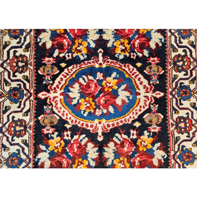 Vintage Persian Bakhtiari Wide Runner, Handwoven Wool, Floral Bouquet Design, Navy & Red, 4x13 For Sale - Image 13 of 17