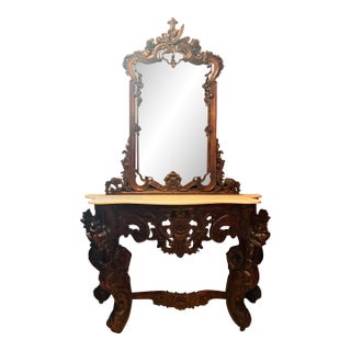 Design Toscano Hapsburg Solid Mahogany Rococo Console Table & Mirror Set - Genuine White Marble Top For Sale
