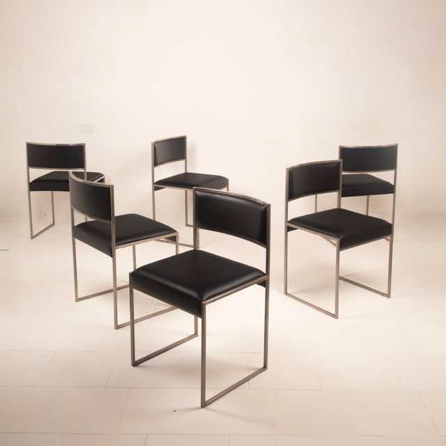 Italian SQ Dining Chairs in Brushed Steel and Black Vegan-Leather, 1970s, Set of 6 For Sale - Image 16 of 18