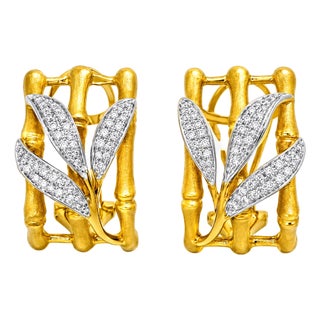 14K Yellow Gold Diamond Bamboo Shoot Leaf Designer Earrings For Sale