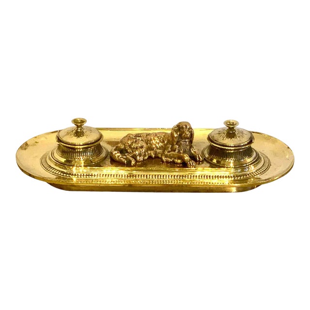 19th Century English Brass Resting Dog Double Inkwell For Sale