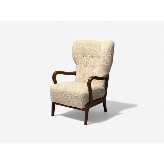 Danish Mid-Century Modern, Beige Sheepskin, Beech, Lounge Chair, Denmark, 1960s For Sale - Image 4 of 9