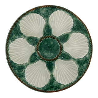 Vintage 1950s French Longchamp Green and White Oyster Plate For Sale