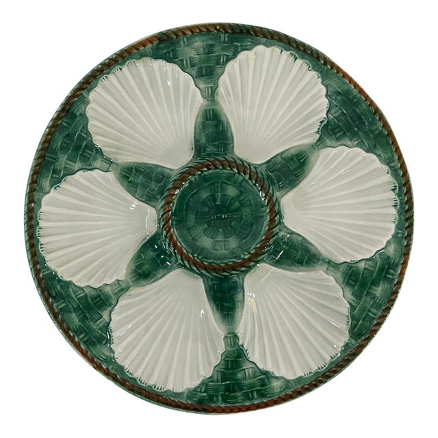 Vintage 1950s French Longchamp Green and White Oyster Plate For Sale