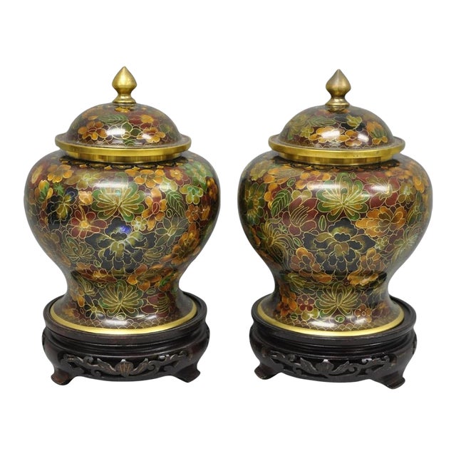 Vintage Cloisonné Chinese Small Enameled Brown Covered Ginger Jar on Stand, Pair For Sale