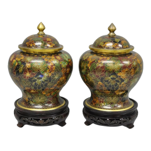 Vintage Cloisonné Chinese Small Enameled Brown Covered Ginger Jar on Stand, Pair
