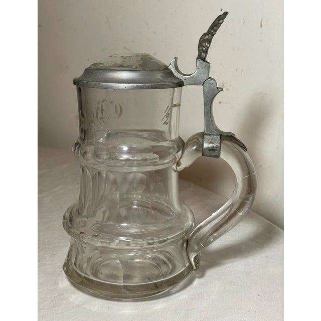 Antique 19th Century Etched Clear Glass Pewter German Lidded Beer Stein Mug For Sale - Image 13 of 13