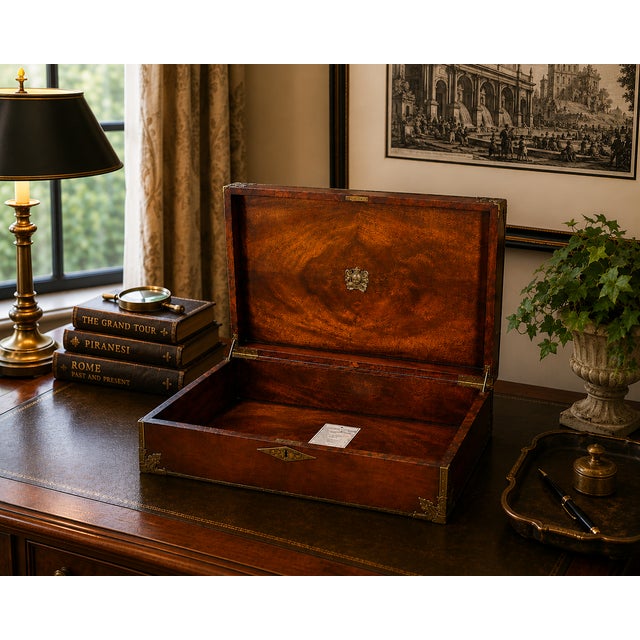 A handsome Theodore Alexander decorative trunk or campaign-style box featuring an embossed leather exterior, brass...