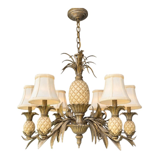 Vintage 1980s Quoizel Pineapple Tole Chandelier, Featuring a Large Central Ceramic Pineapple For Sale
