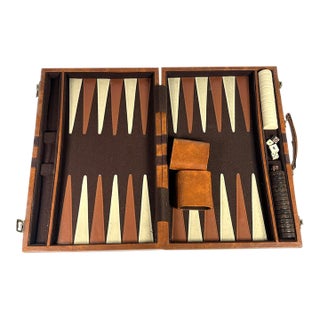 Vintage Leather Backgammon Set Complete With Dice Cups Mid-Century Game For Sale