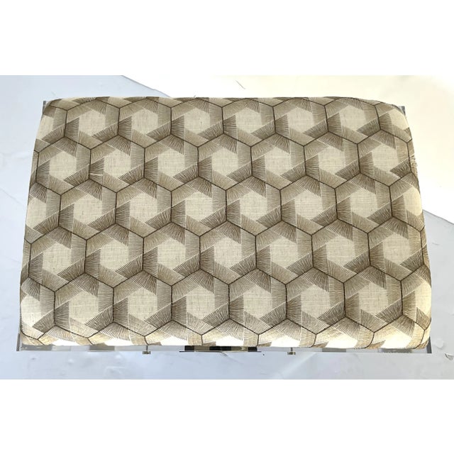 Original retail $1485, stylish Port 68 Modern Embroidered Taupe Geometric Crossing Lucite Bench, polished nickel accent,...