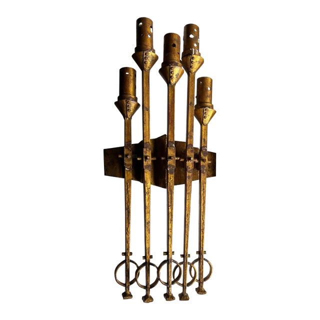 Brutalist Wrought Iron Spanish Wall Sconce in Gilt Tole For Sale