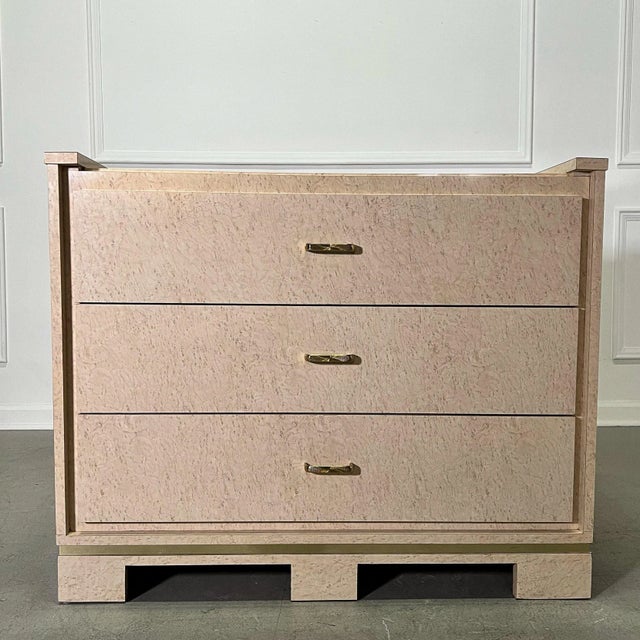 Gorgeous faux burl resembling birds eye maple 3 drawer chest with brass pulls and detailing. Greek key style feet. Solid...