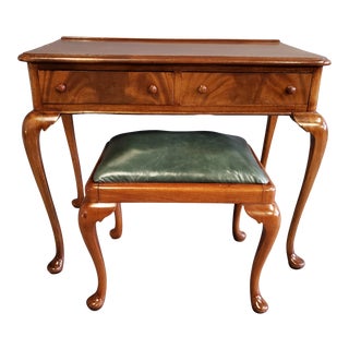 Antique English Solid Mahogany Queen Anne Style Dressing Table With Matching Stool - 2 Pieces For Sale