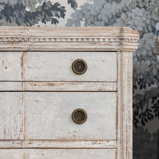 Pair of 19th C. Swedish Gustavian Breakfront Commodes in Original Soft Gray Paint For Sale - Image 4 of 14