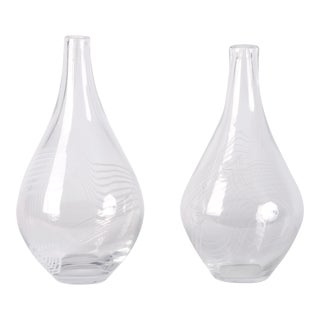 Pair Kosta Sweden Art Glass Vicke Lindstrand Arabesque Signed White Striped Clear Pair Vases For Sale