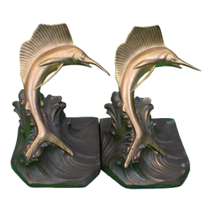 Pair of Vintage the Jennings Bros MFG Co Brass Marlin/ Sailfish Bookends