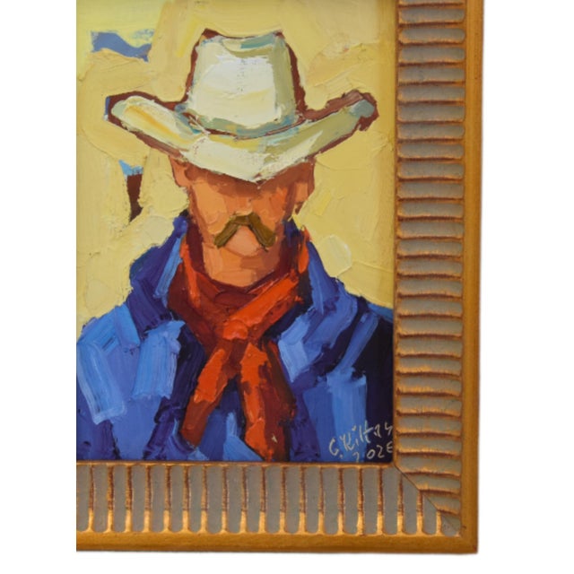 Farmhouse Impressionist Farmhouse Western Cowboy Painting Including the Antiqued Gold Wood Frame For Sale - Image 3 of 5