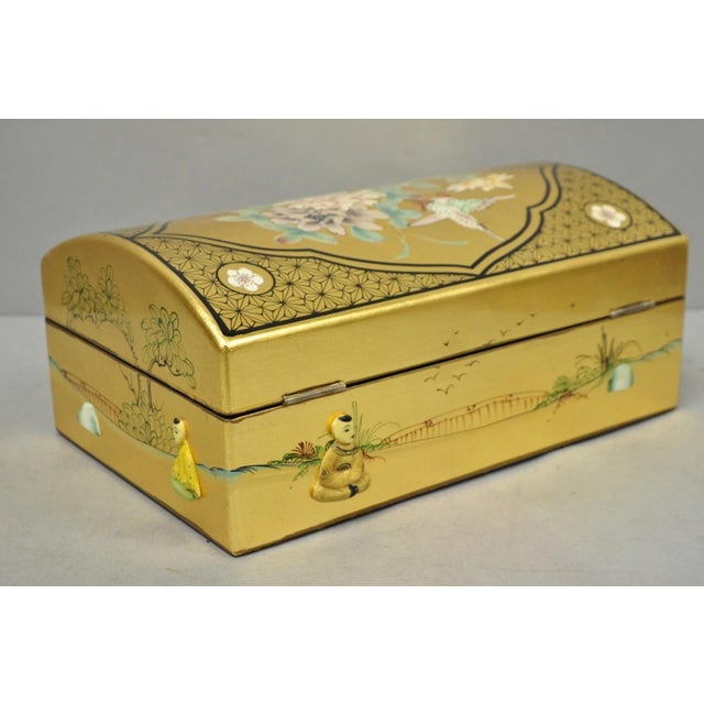 Vintage Chinese Oriental Gold Leaf Dome Lid Jewelry Box W/ Soapstone Figures For Sale - Image 14 of 18