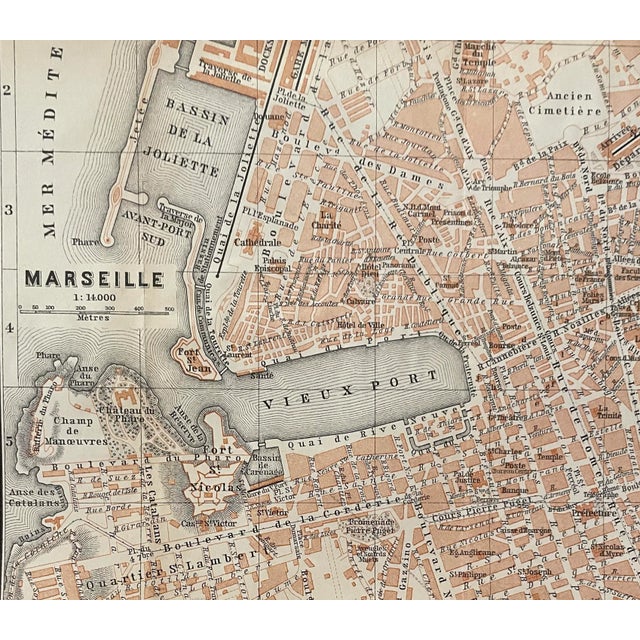 1910s antique map of the port city of Marseille, France from a French atlas. Combined shipping available, please inquire.