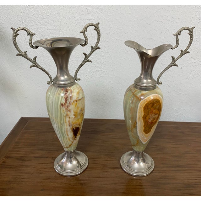 Mid 20th Century Pair of Vintage Green Onyx Urn Vases With Silver-Toned Handles, Mid-Century Neoclassical For Sale - Image 5 of 6
