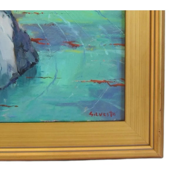 Green Silvio Silvestri, Listed Artist Seascape Landscape Oil Painting Including the Antiqued Gold Wood Frame For Sale - Image 8 of 12