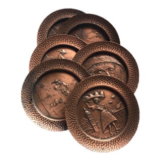 Beinal Mid Century Brazilian Embossed Copper Cultural Coasters- Set of 6 For Sale