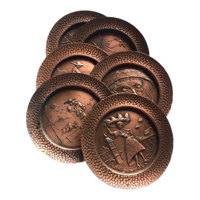 Beinal Mid Century Brazilian Embossed Copper Cultural Coasters- Set of 6 For Sale