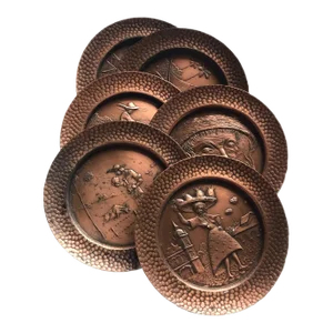 Beinal Mid Century Brazilian Embossed Copper Cultural Coasters- Set of 6