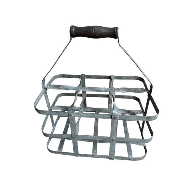 Rustic European 1930s French Bottle Carrier Metal Basket Zinc For Sale - Image 3 of 4