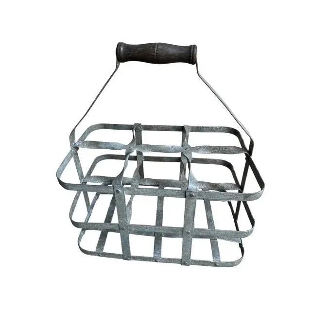 Rustic European 1930s French Zinc Bottle Carrier With Wood Handle For Sale - Image 3 of 4