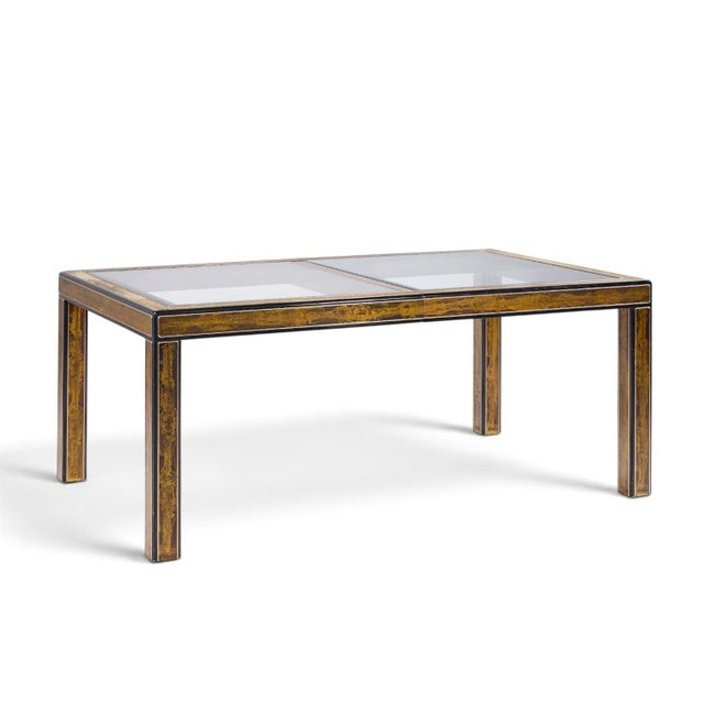 Bernhard Rohne for Mastercraft Mid Century Lacquered Etched Brass Panel Expanding Dining Table With 1 Leaf For Sale In Chicago - Image 6 of 10