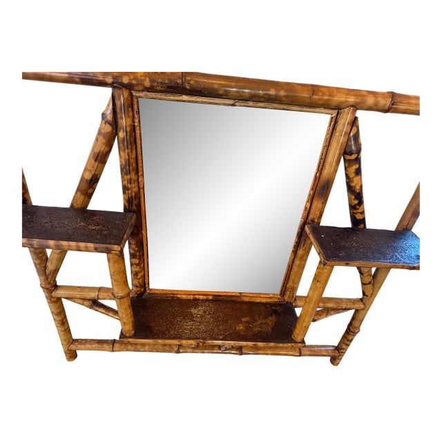 Antique English Bamboo Wall Mirror With Small Shelves Late 19th Century For Sale