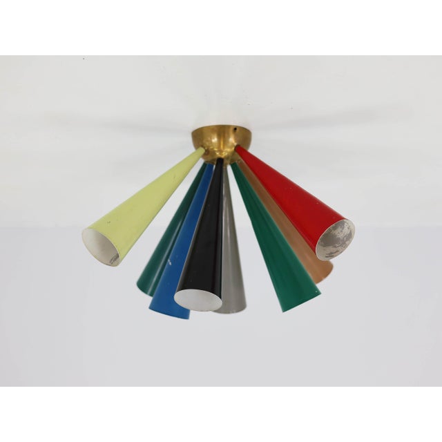 Bauhaus Half-Diabolo Ceiling Lamp with Colored Cones by Prof. D. Moor for Bag Turgi, Switzerland, 1950s For Sale - Image 3 of 6