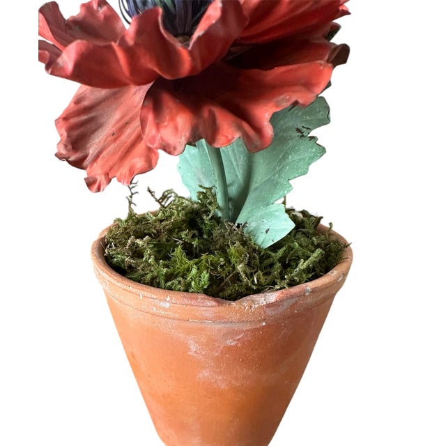 Vintage Potted Tole Red Poppy Flower / Floral Arrangement by Artist Helen Hornberger in an Antique Terracotta Pot For Sale In Dallas - Image 6 of 8