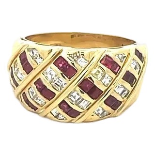 Ruby Diamond Dome Ring 18k Yellow Gold Square Cut Fancy Style Wide Band For Sale