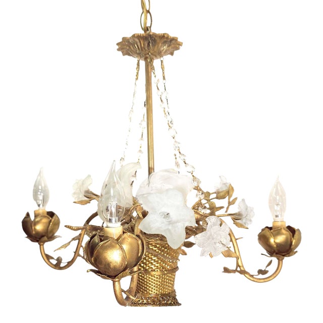 Antique French Art Nouveau Gilt Woven Bronze Basket Chandelier For Sale