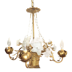 Antique French Art Nouveau Gilt Woven Bronze Basket Chandelier