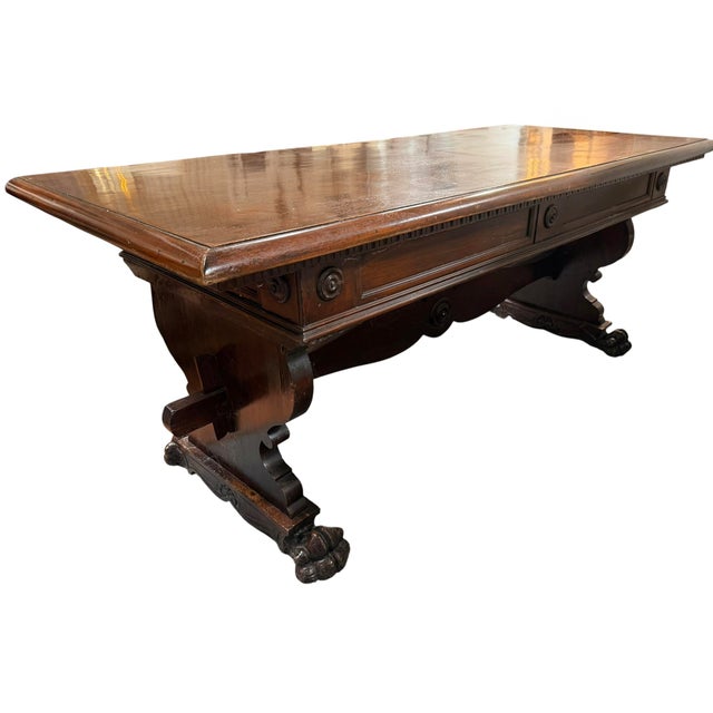 Antique Italian Carved Walnut Trestle Library Dining or Writing Table - Paw Feet For Sale - Image 4 of 15