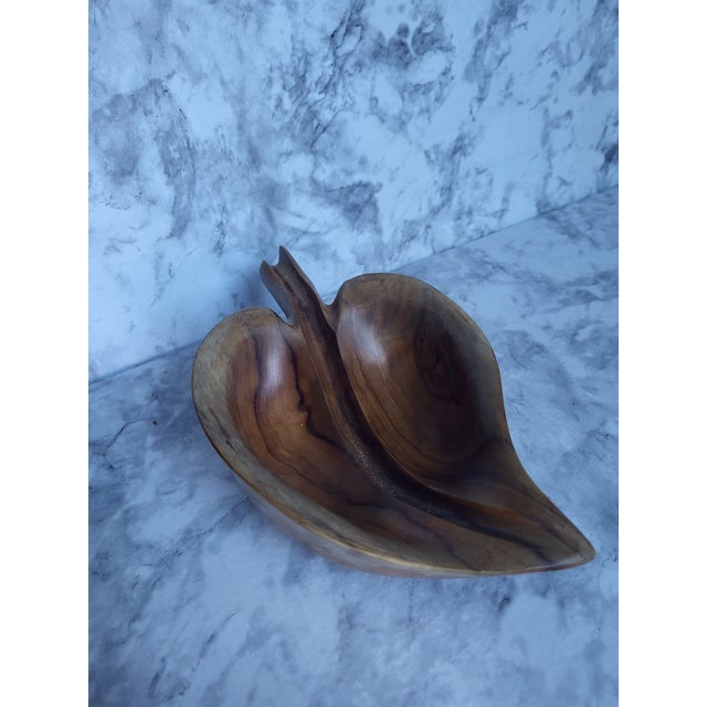 Hand Carved Iroko Wood Partitioned Leaf Bowl For Sale In San Francisco - Image 6 of 11
