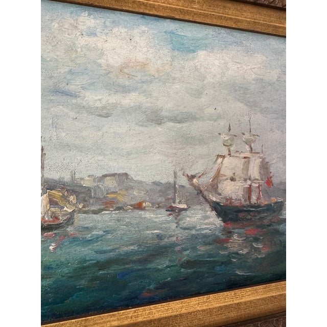 Coastal Framed Coastal Harbor Oil Painting For Sale - Image 3 of 6
