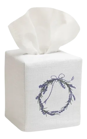 Lavender Wreath Tissue Box Cover in White Linen & Cotton, Embroidered