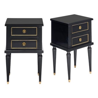 Pair of French Louis XVI Style Ebonized and Brass Two-Drawer Side Tables For Sale