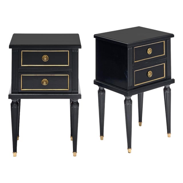 Pair of French Louis XVI Style Ebonized and Brass Two-Drawer Side Tables For Sale