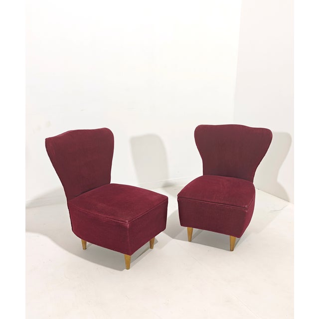 Cherry Velvet Armchairs with Wooden Legs, Italy, 1960s, Set of 2 For Sale - Image 11 of 13