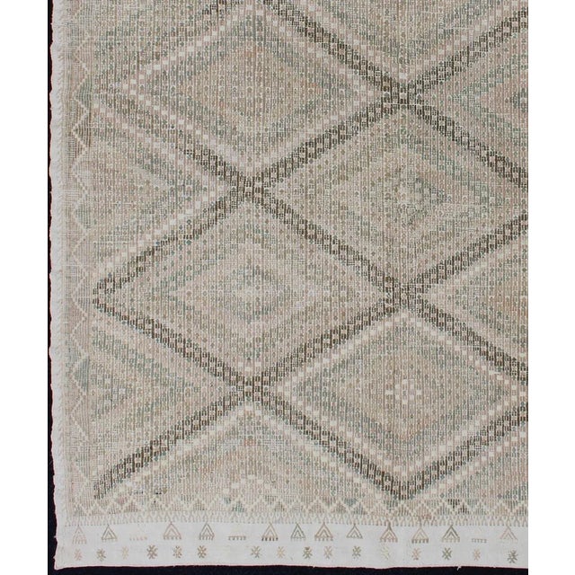 Turkish Tan Green, Salmon Vintage Turkish Embroidered Rug With Geometric Diamond Design For Sale - Image 3 of 13