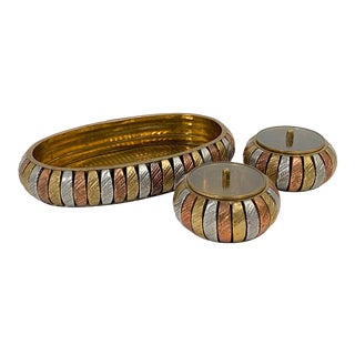 Ribbed Brass and Copper Oval Catchall Tray and Bowl Set - 3 Pieces For Sale
