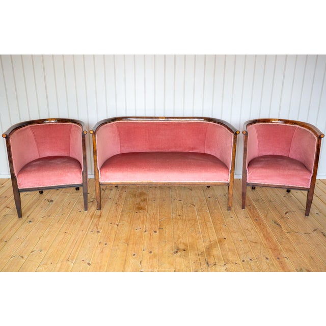 Antique Art Nouveau Edwardian Mahogany Barrel Back 2-Seater Settee Sofa, 1910s For Sale - Image 16 of 18
